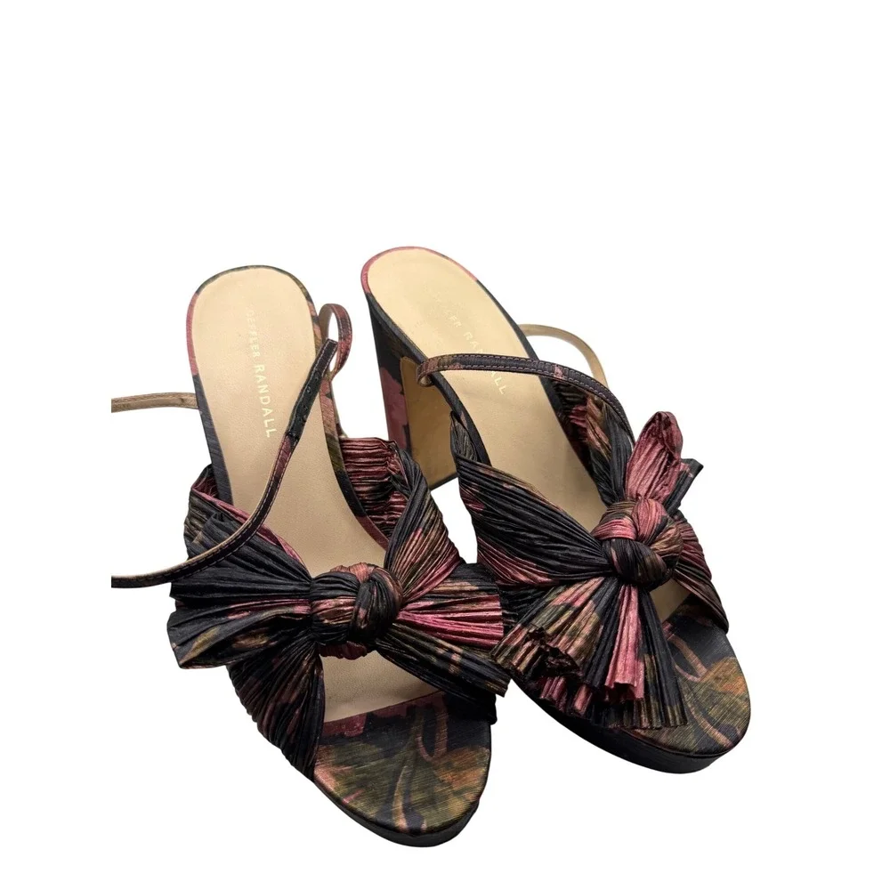 Loeffler Randall Natalia Floral Lame Pleated Bow Platform Sandals Pink Black 9B
